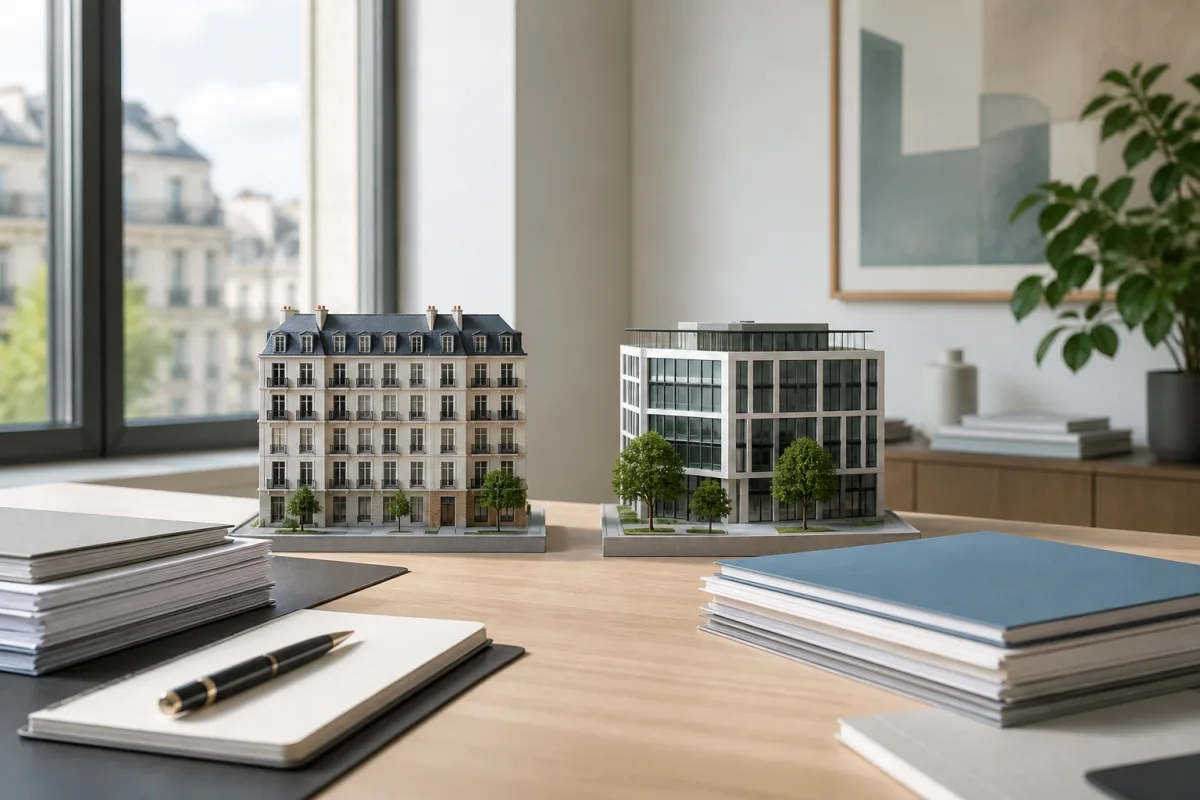 Deux immeubles miniatures représentant le choix entre SCPI à capital fixe et variable